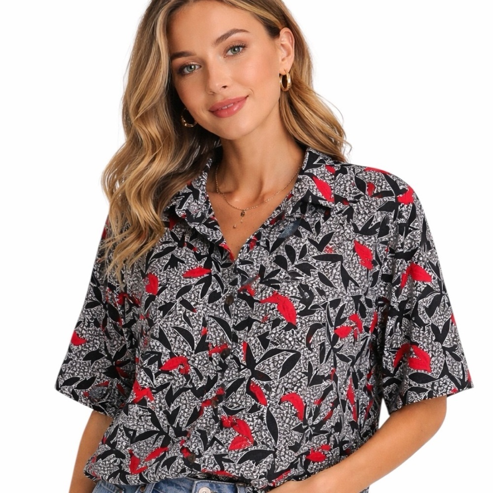 Vintage Leaf Print Button Up Blouse Women XL Black Red Short Sleeve Retro